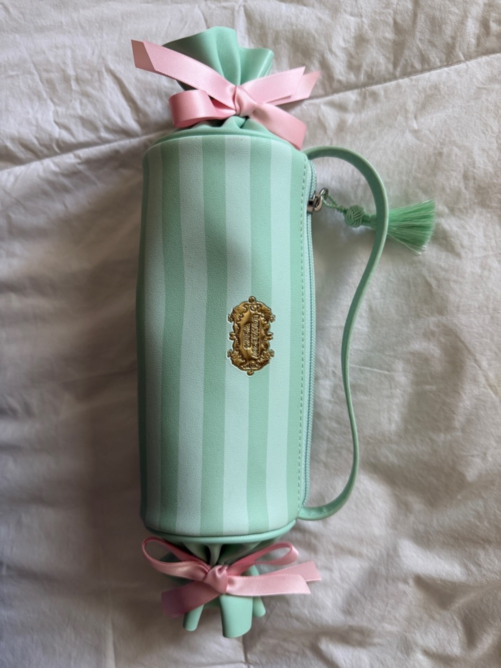 Bath & Body Works Mint Striped Cosmetic Pouch with Pink Ribbon